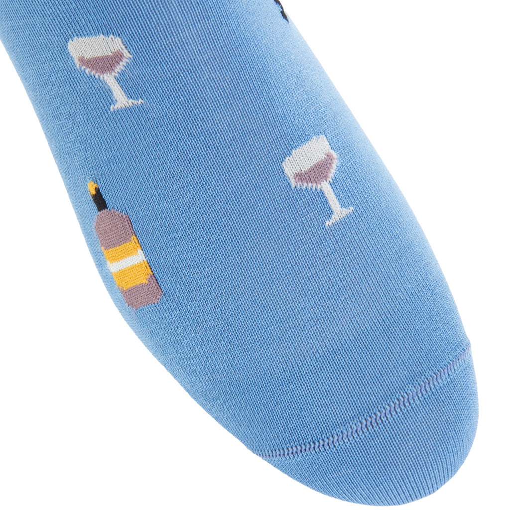Azure with Wine Glass, Bottle, and Corkscrew Cotton Mid-Calf Sock