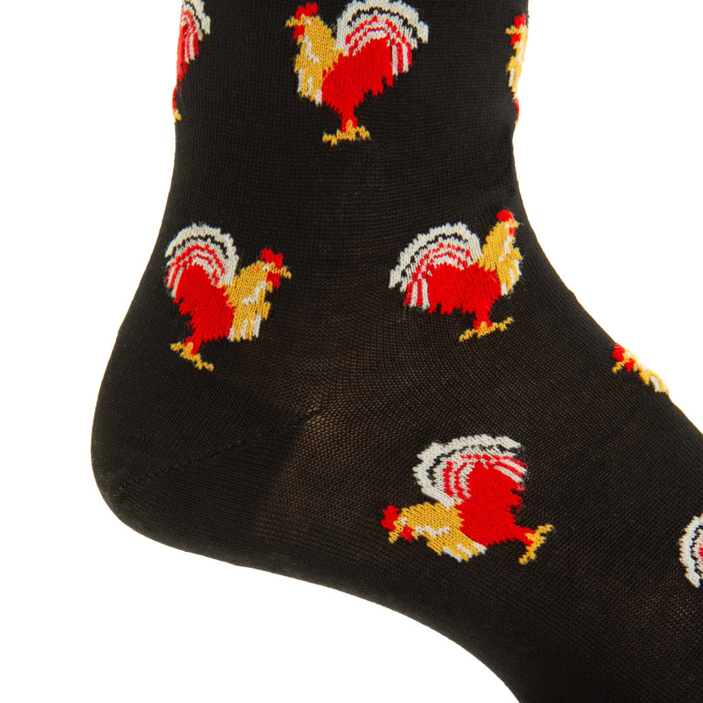 Black with Red Rooster Cotton Over-the-Calf Sock