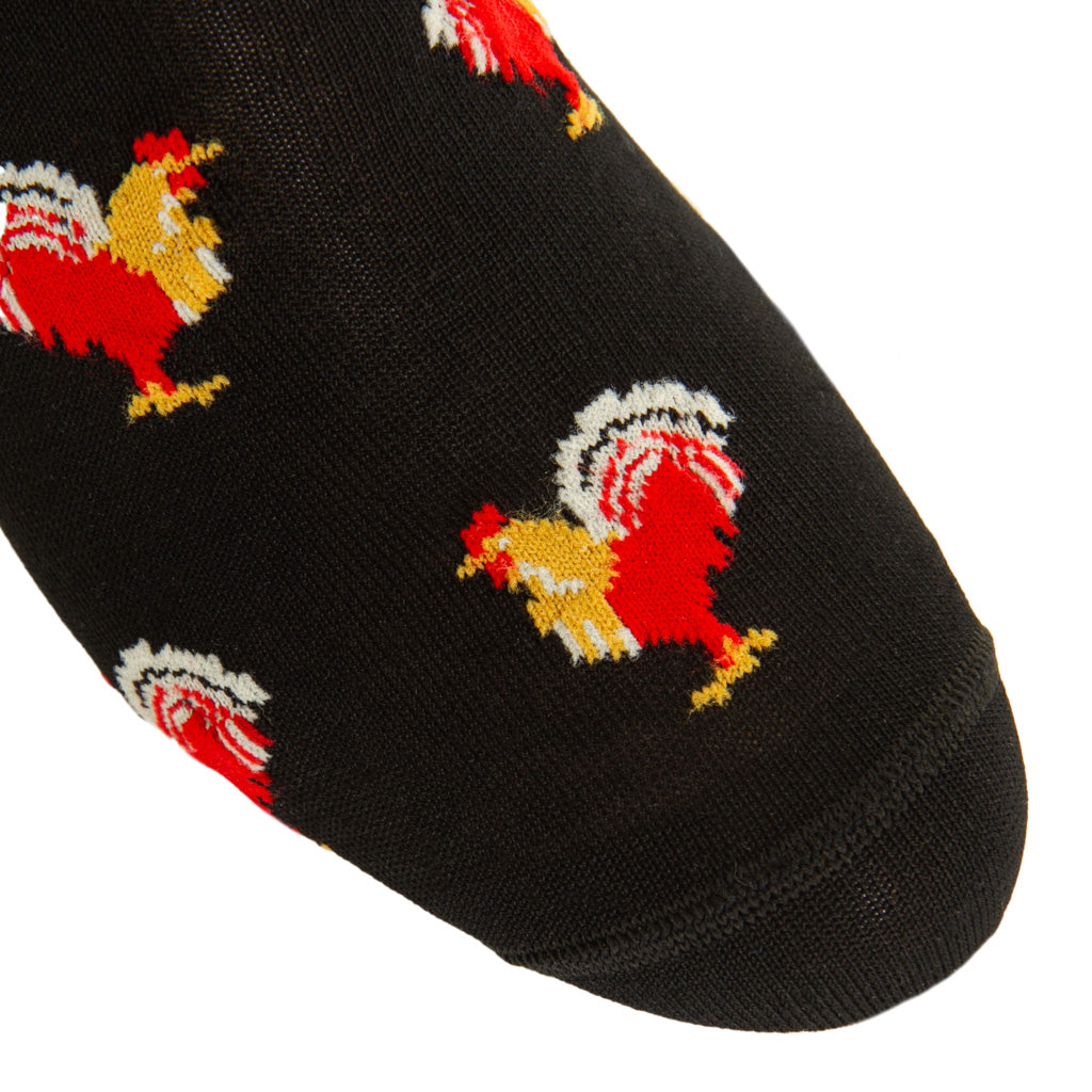 Black with Red Rooster Cotton Mid-Calf Sock
