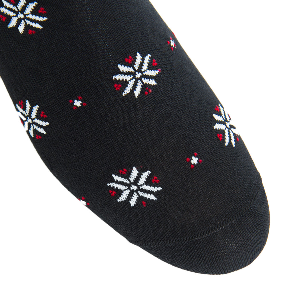 Black with White and Red Snowflake Mercerized Cotton Mid-Calf Sock