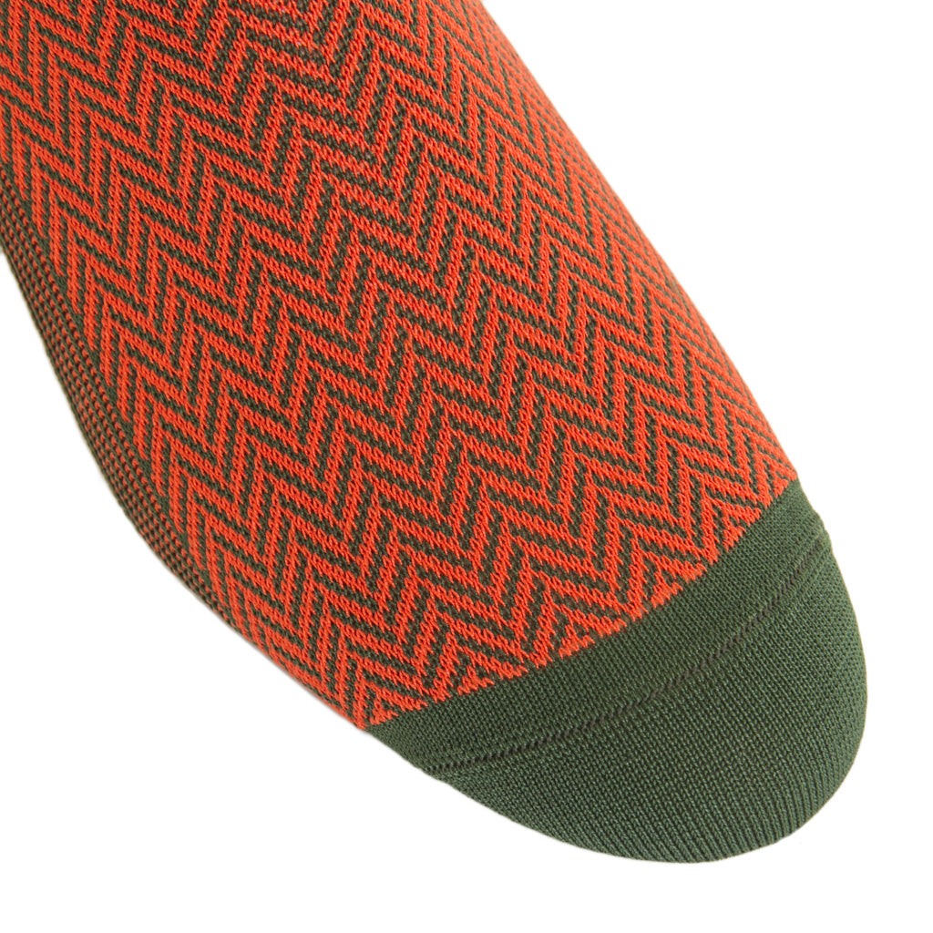 Forest Green and Tigerlily Orange Herringbone with Forest Green Tipping Cotton Mid-Calf Sock