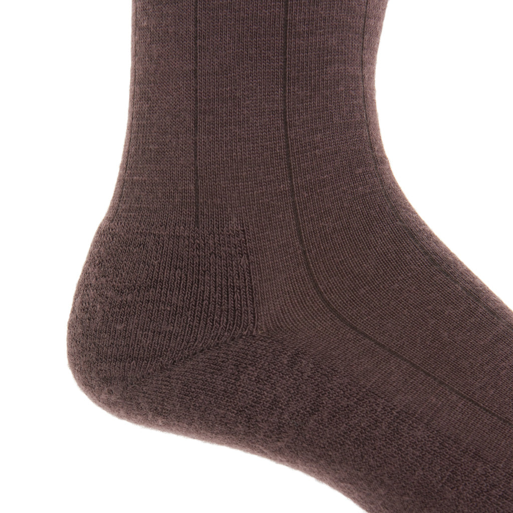 Coffee Brown Solid Wide Ribbed  Fine Merino Wool  Crew Boot Sock