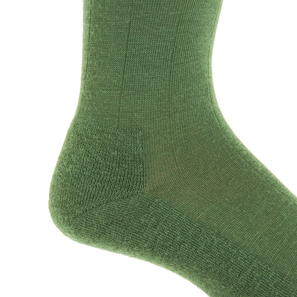 Pine Green Solid Wide Ribbed  Fine Merino Wool  Crew Boot Sock