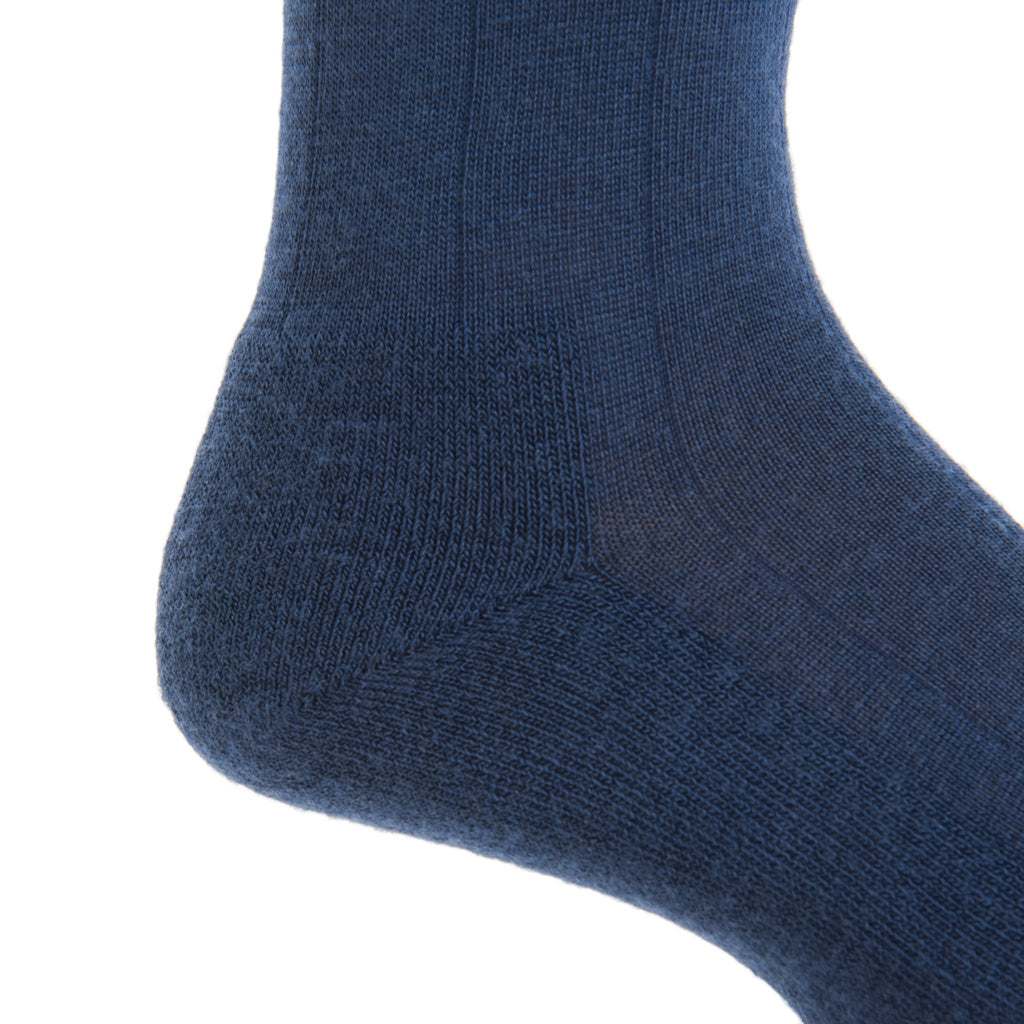 Dress Navy Solid Wide Ribbed  Fine Merino Wool  Crew Boot Sock