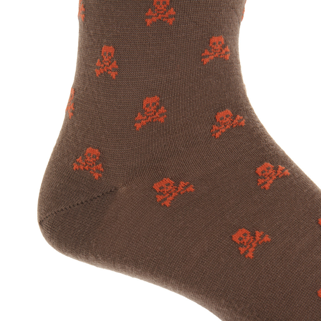 Coffee Brown with Burnt Orange Skull and Crossbones Fine Merino Wool Mid-Calf Sock