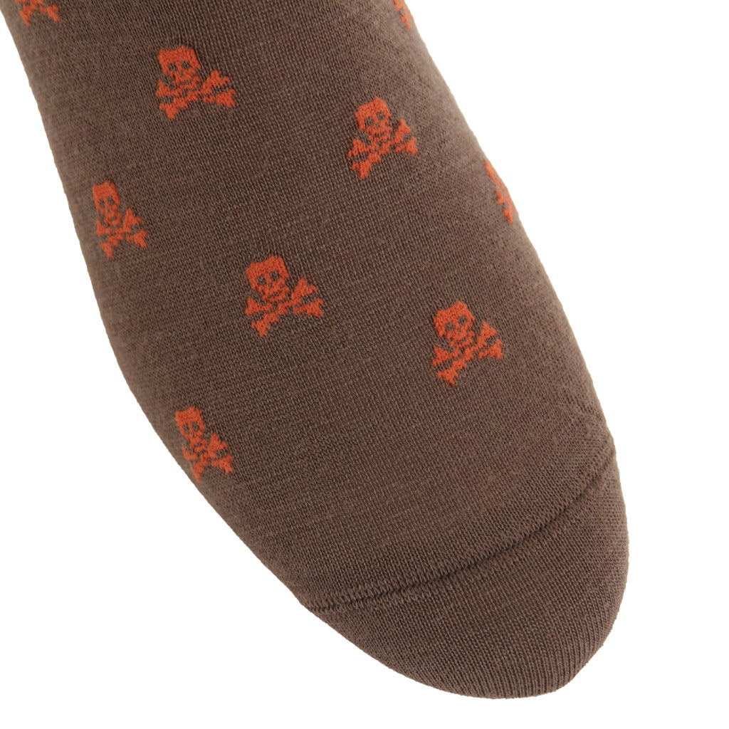 Coffee Brown with Burnt Orange Skull and Crossbones Fine Merino Wool Over-the-Calf Sock