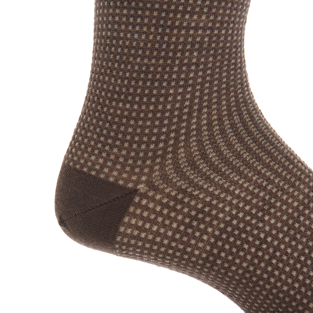 Coffee Brown and Taupe Grenadine Fine Merino Wool Mid-Calf Sock
