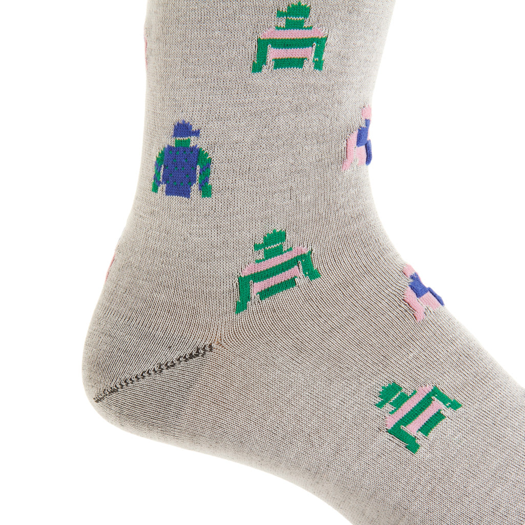 Mélange Gray with Clematis, Green, &amp; Pink Jockey Silks Cotton Mid-Calf Sock