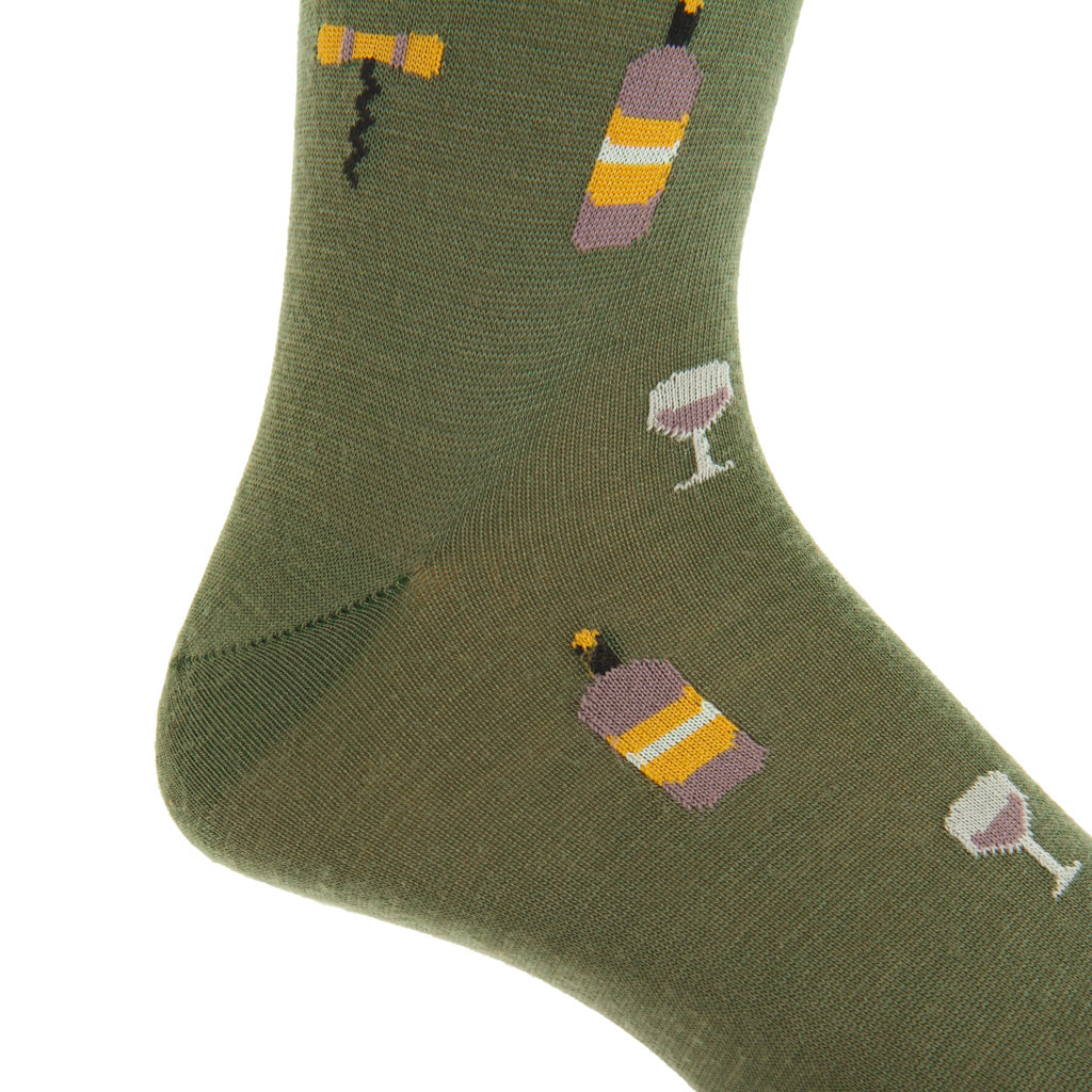 Pine with Wine Glass, Bottle, and Corkscrew Fine Merino Wool Sock Linked Toe OTC