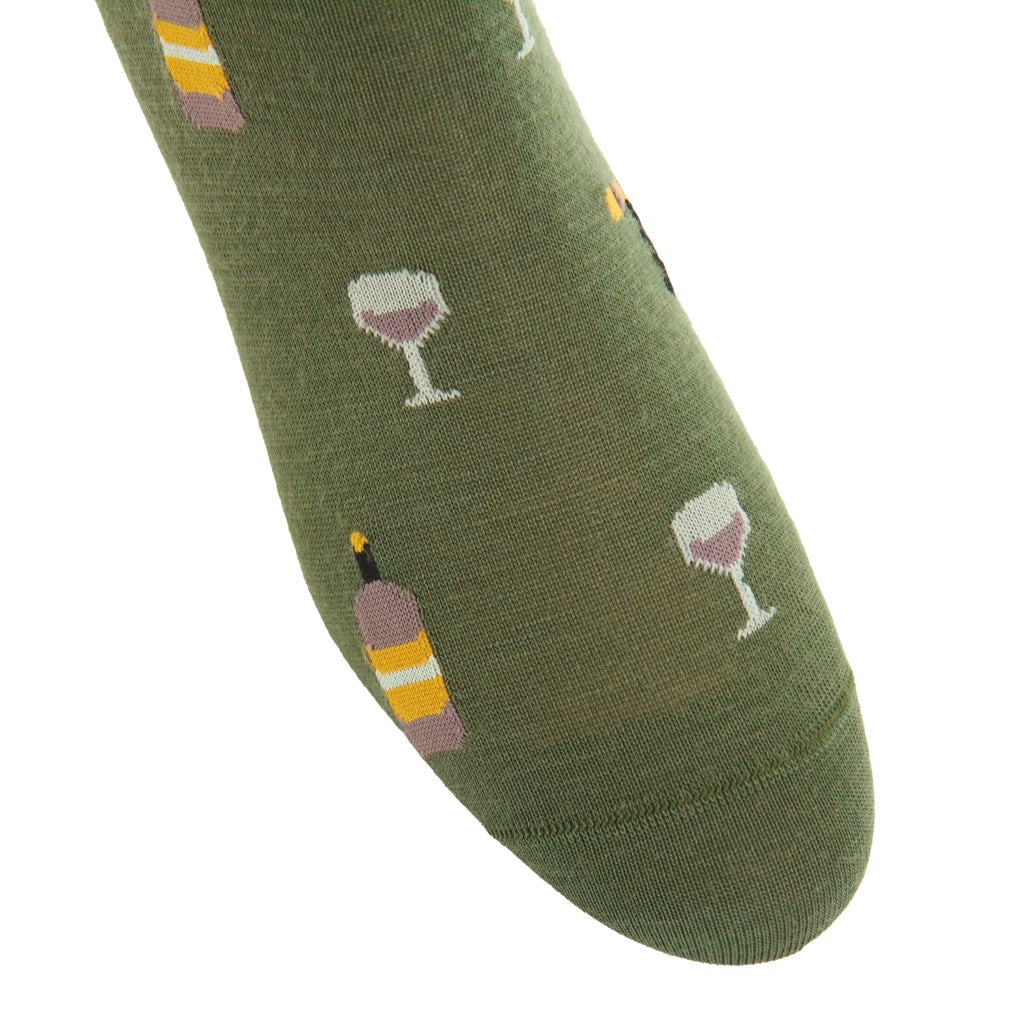 Pine with Wine Glass, Bottle, and Corkscrew Fine Merino Wool Mid-Calf Sock
