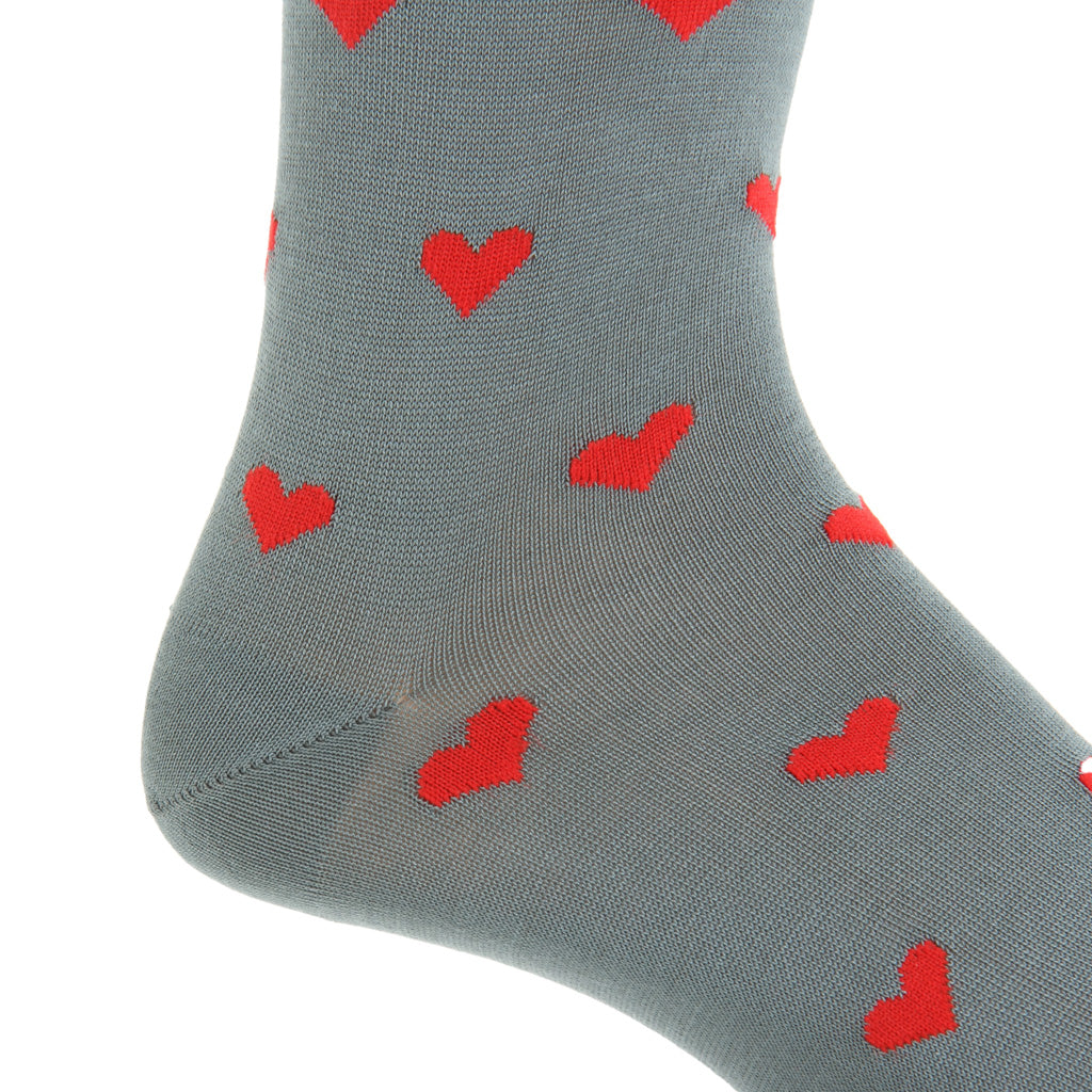 Steel Gray with Red Hearts Cotton Mid-Calf Sock