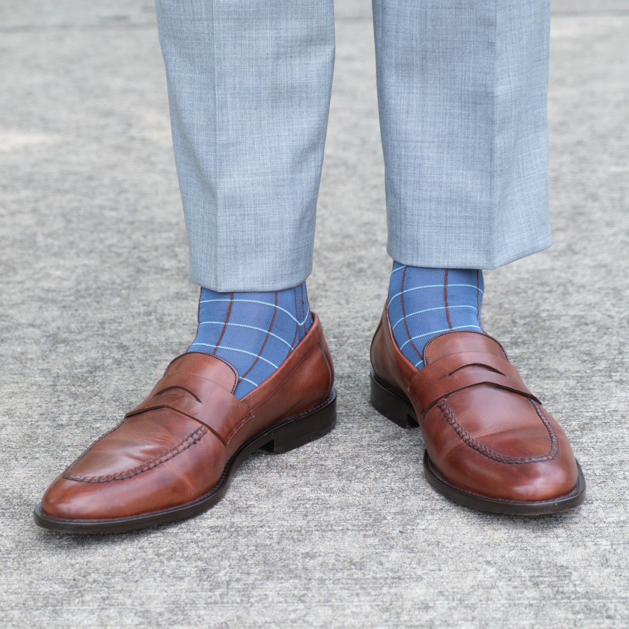 Bay Blue with Mushroom &amp; Cream Windowpane Fine Merino Wool Over-the-Calf Sock