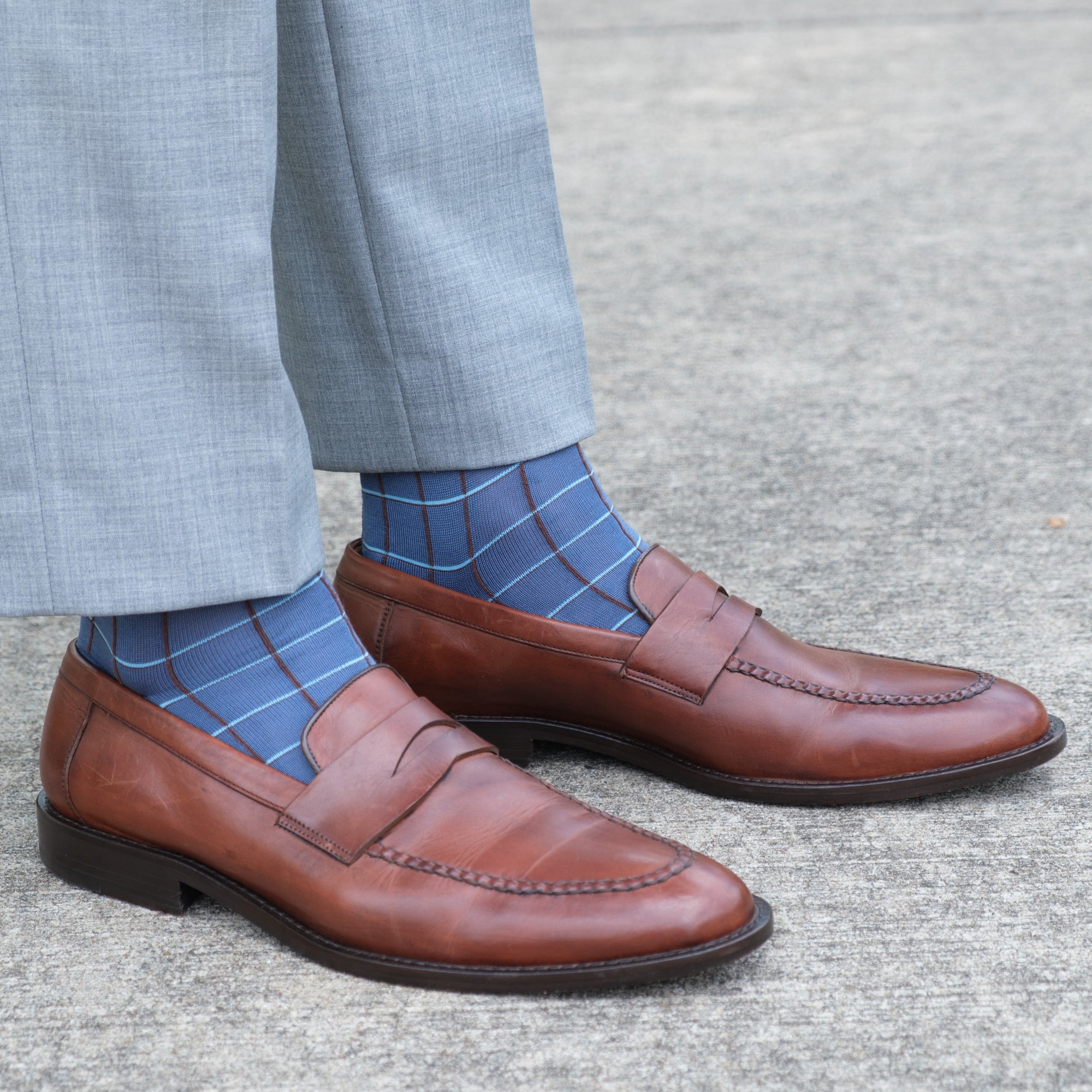 Bay Blue with Mushroom &amp; Cream Windowpane Fine Merino Wool Mid-Calf Sock