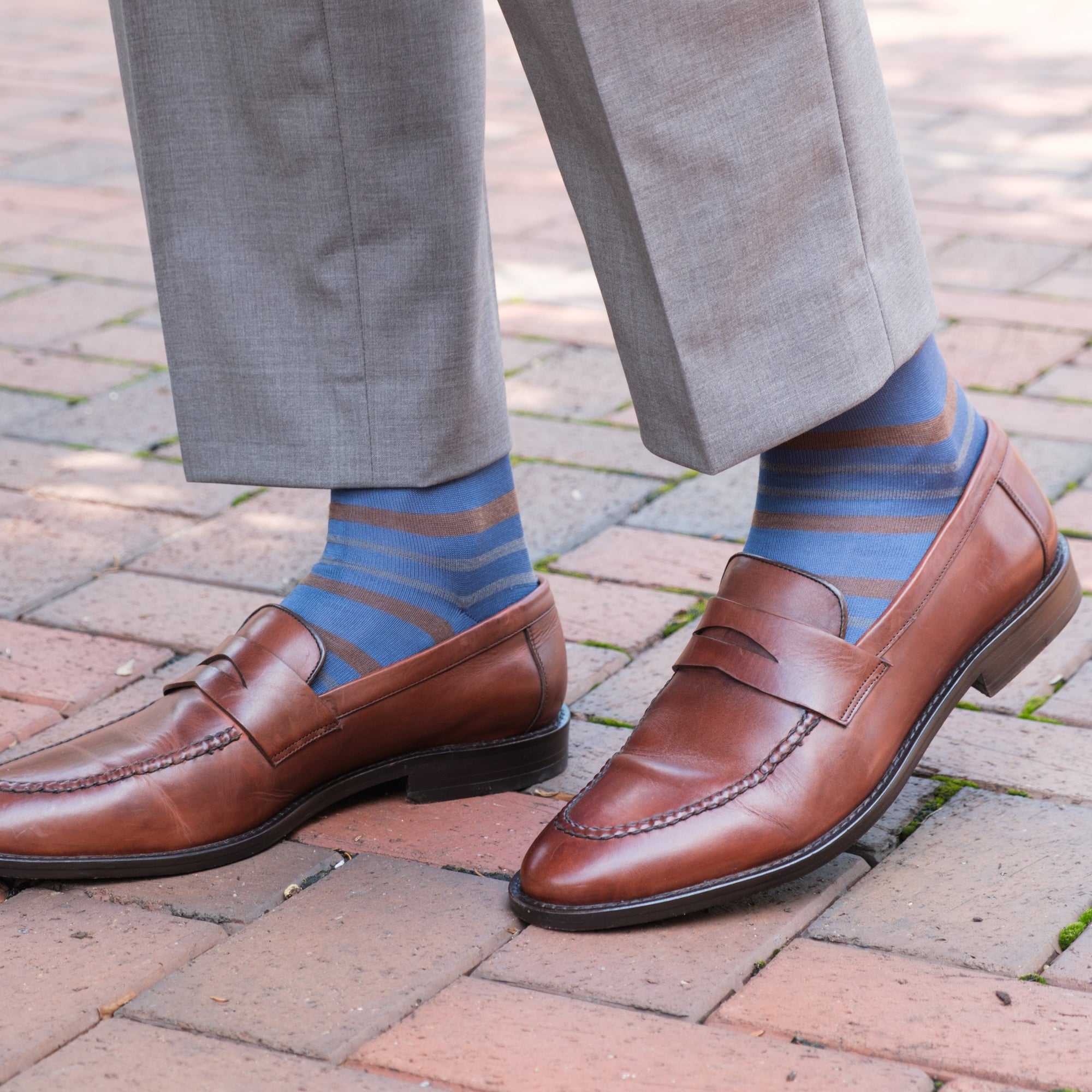 Bay Blue with Mushroom &amp; Mercury Gray Double Stripe Fine Merino Wool Over-the-Calf Sock