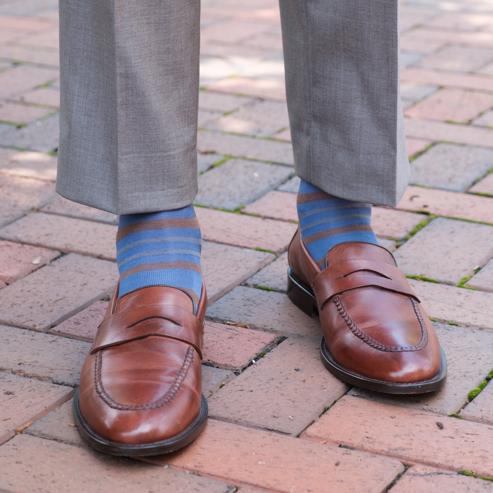 Bay Blue with Mushroom &amp; Mercury Gray Double Stripe Fine Merino Wool Mid-Calf Sock