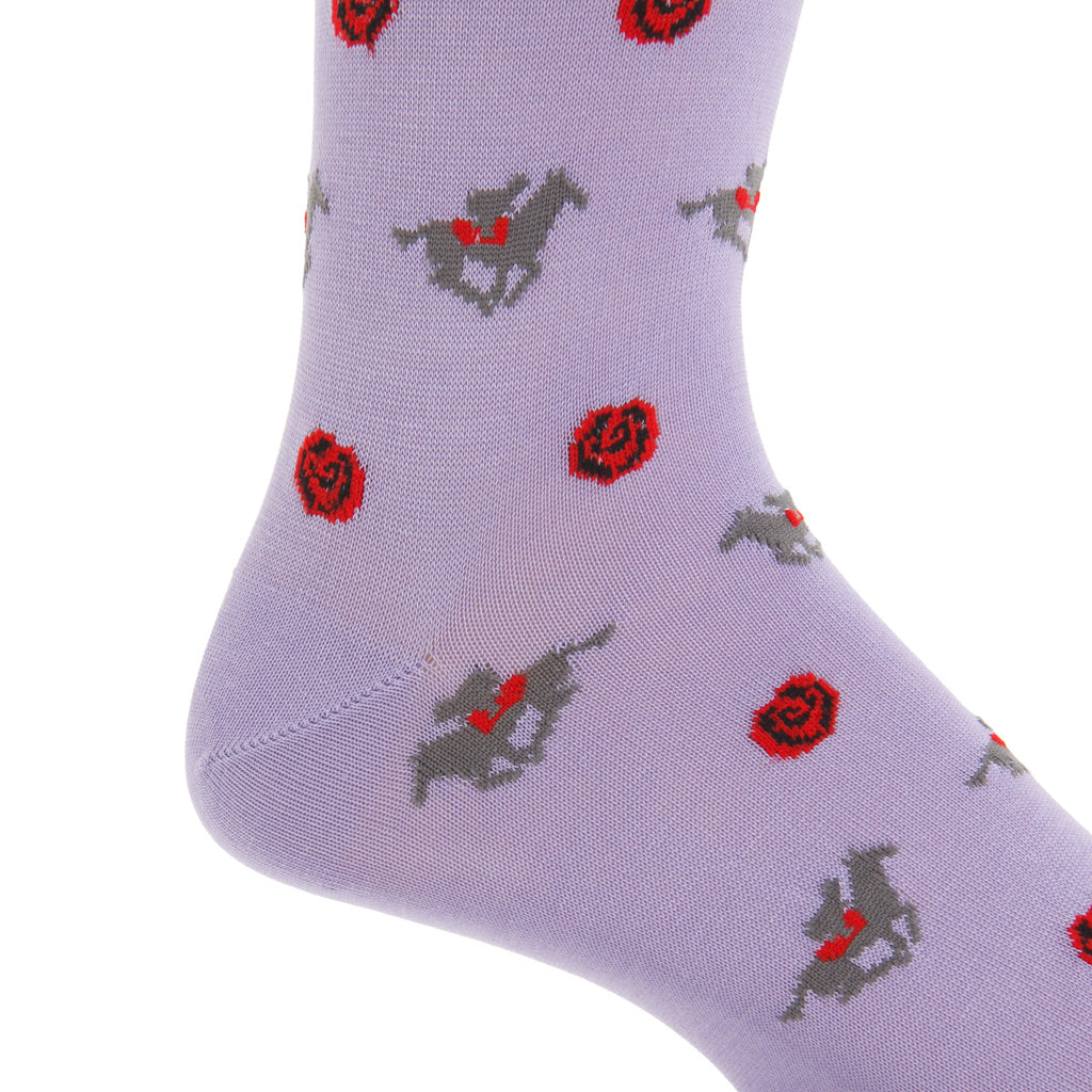 Lavender with Red Rose and Steel Gray Horse Jockey Cotton Mid-Calf Sock