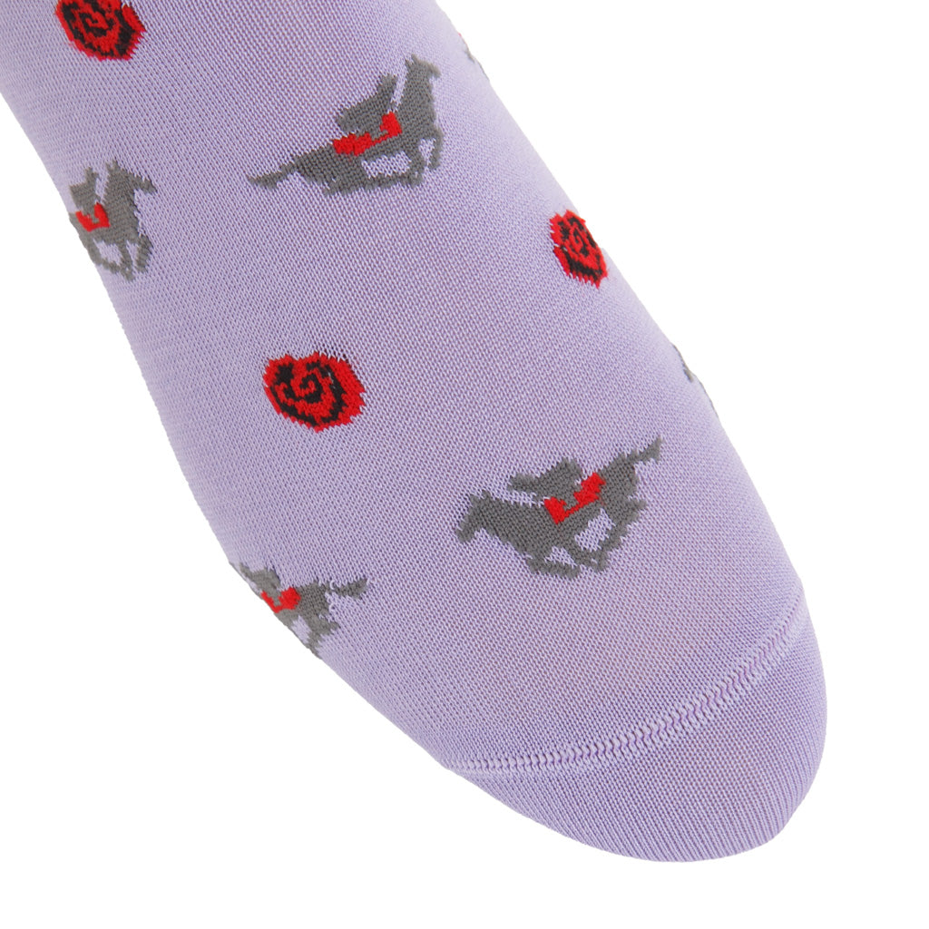 Lavender with Red Rose and Steel Gray Horse Jockey Cotton Mid-Calf Sock