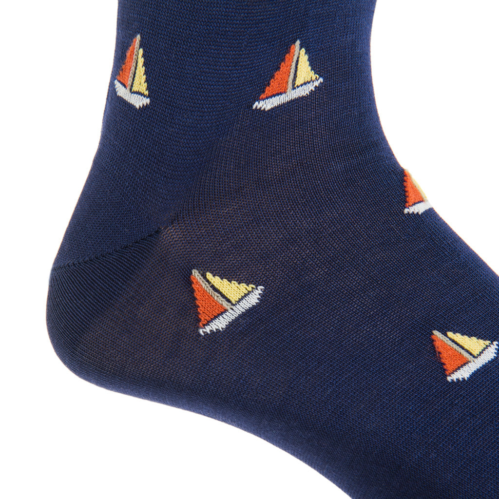 Mid-Calf-Classic-Navy-Yolk-Orange-Sailboat-Cotton-Sock