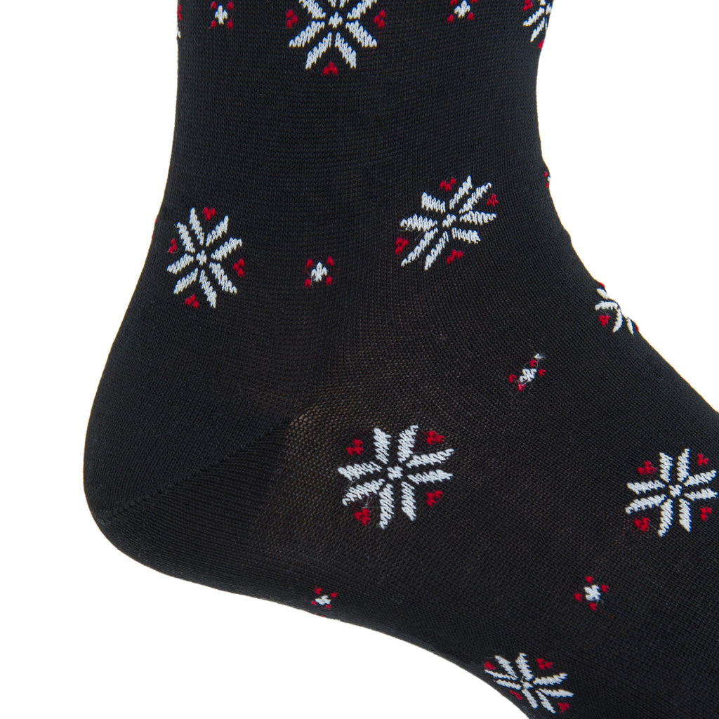 Black with White and Red Snowflake Mercerized Cotton Mid-Calf Sock