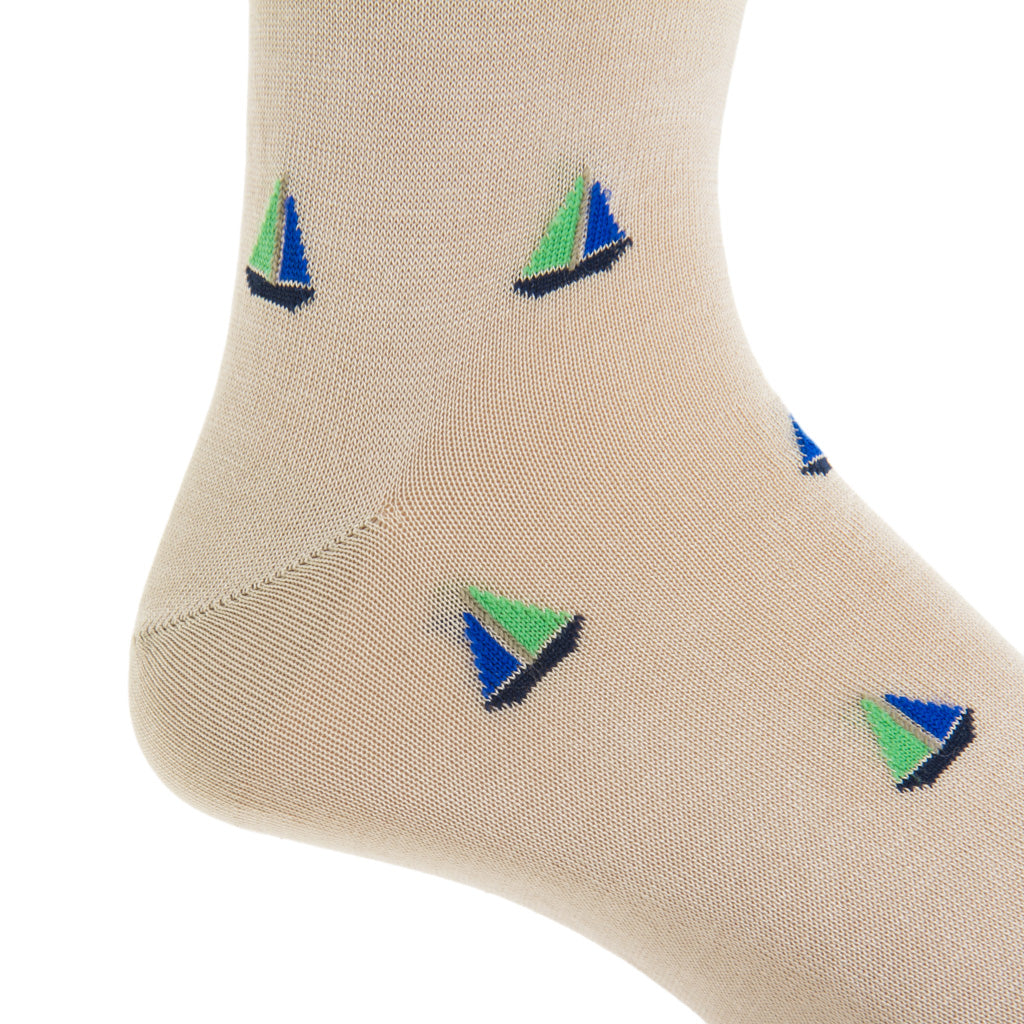 Mid-Calf-Tan-Blue-Green-Sailboat-Cotton-Sock