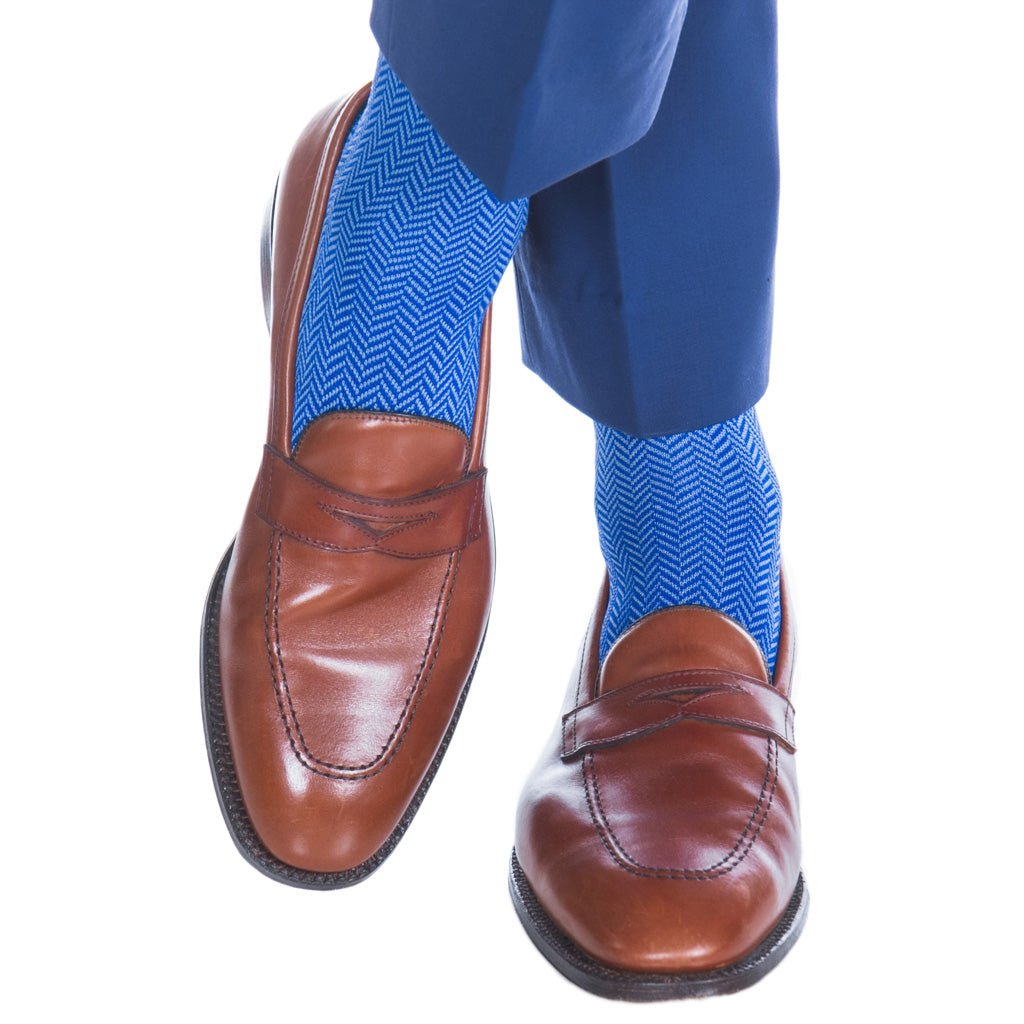 USA-Made-Azure-Blue-Clematis-Blue-Herringbone-Cotton-Sock