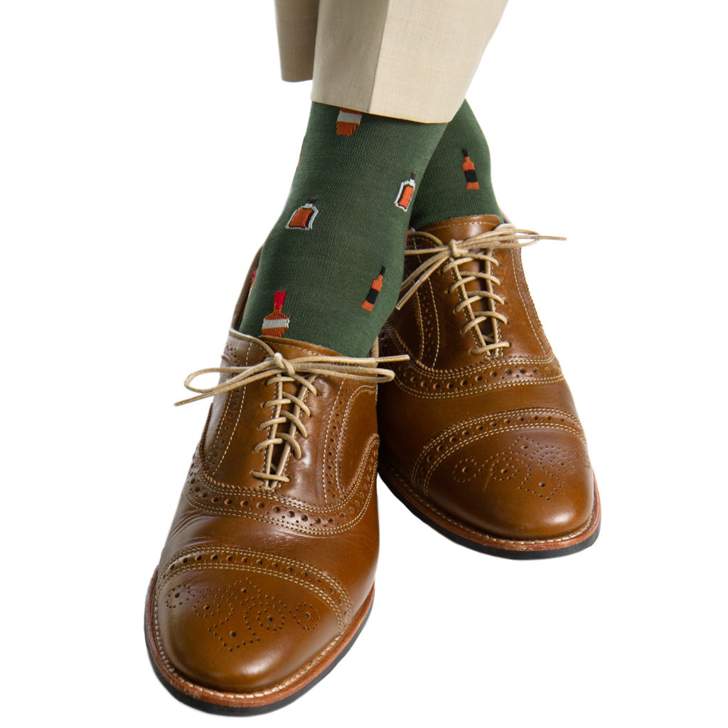 Pine Sage with Bourbon Bottles Cotton Over-the-Calf Sock