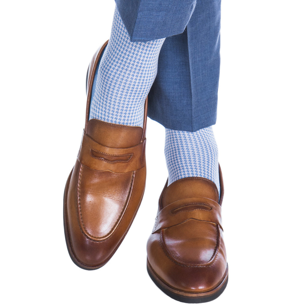 Azure Blue with Pink Houndstooth Cotton Sock Linked Toe OTC Azure Blue with Pink Houndstooth Cotton Sock Linked Toe OTC