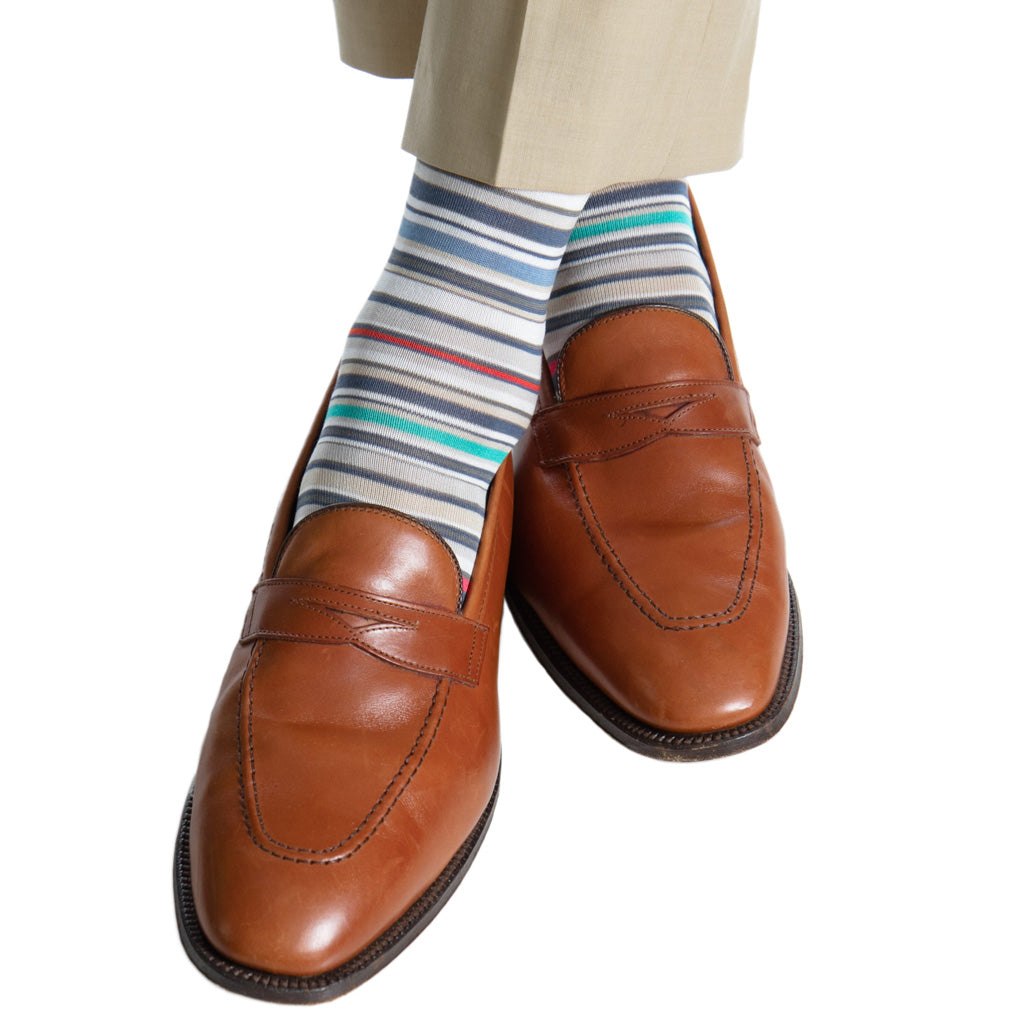 Orange-Rose-Gray-Blue-Green-Tan-Striped-Cotton-Sock