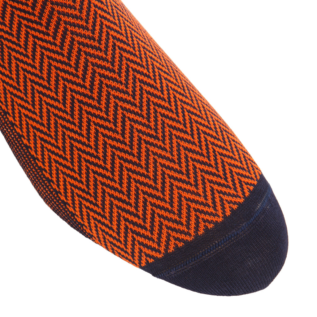 Classic Navy and Blood Orange Herringbone Cotton Mid-Calf Sock