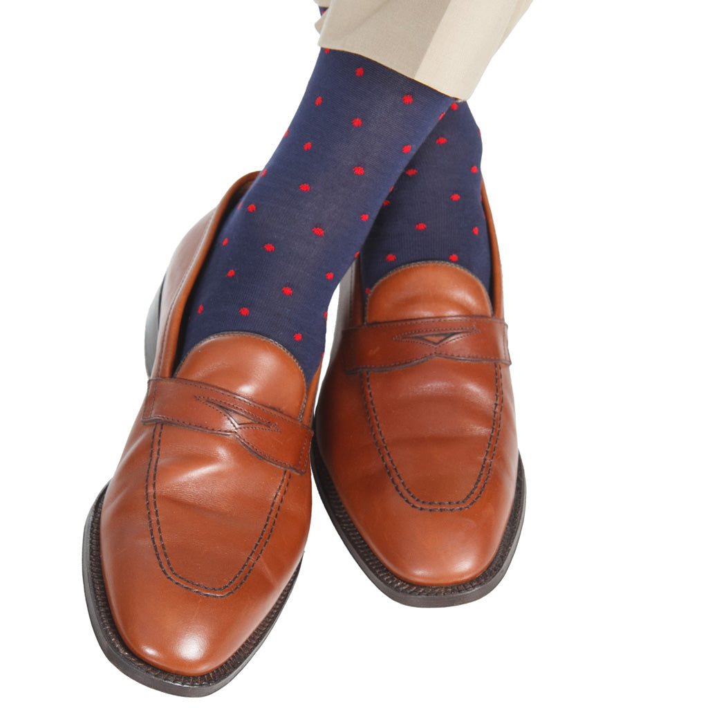 Classic Navy with Red Dots Cotton Over-the-Calf Sock