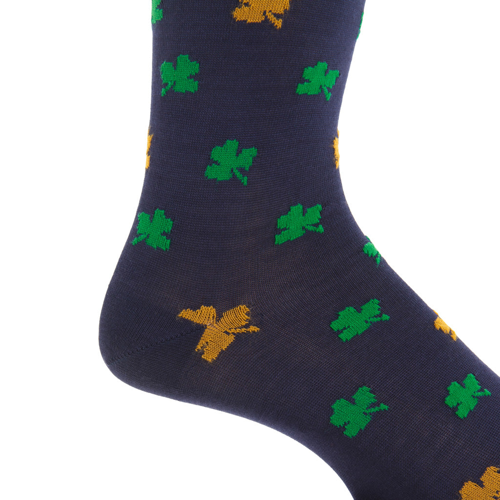 Classic Navy with Green &amp; Gold Shamrock Cotton Mid-Calf Sock