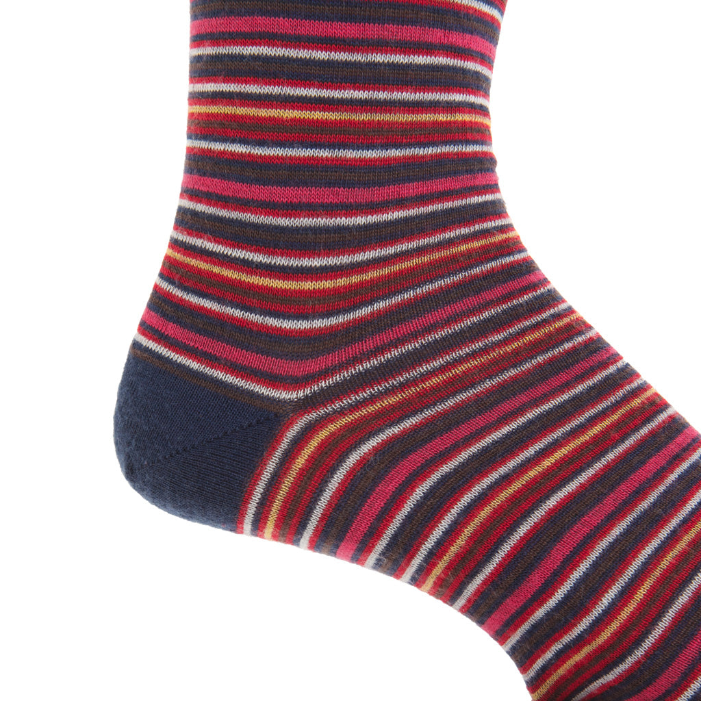 Dress Navy, Brown, Yolk, White, and Magenta Mini Variegated Stripe Fine Merino Wool Over-the-Calf Sock