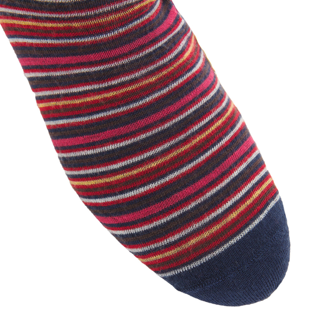 Dress Navy, Brown, Yolk, White, and Magenta Mini Variegated Stripe Fine Merino Wool Over-the-Calf Sock