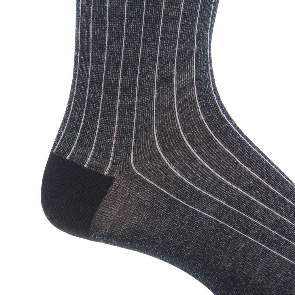 Navy with Ash Vertical Stripe Cotton Mid-Calf Sock