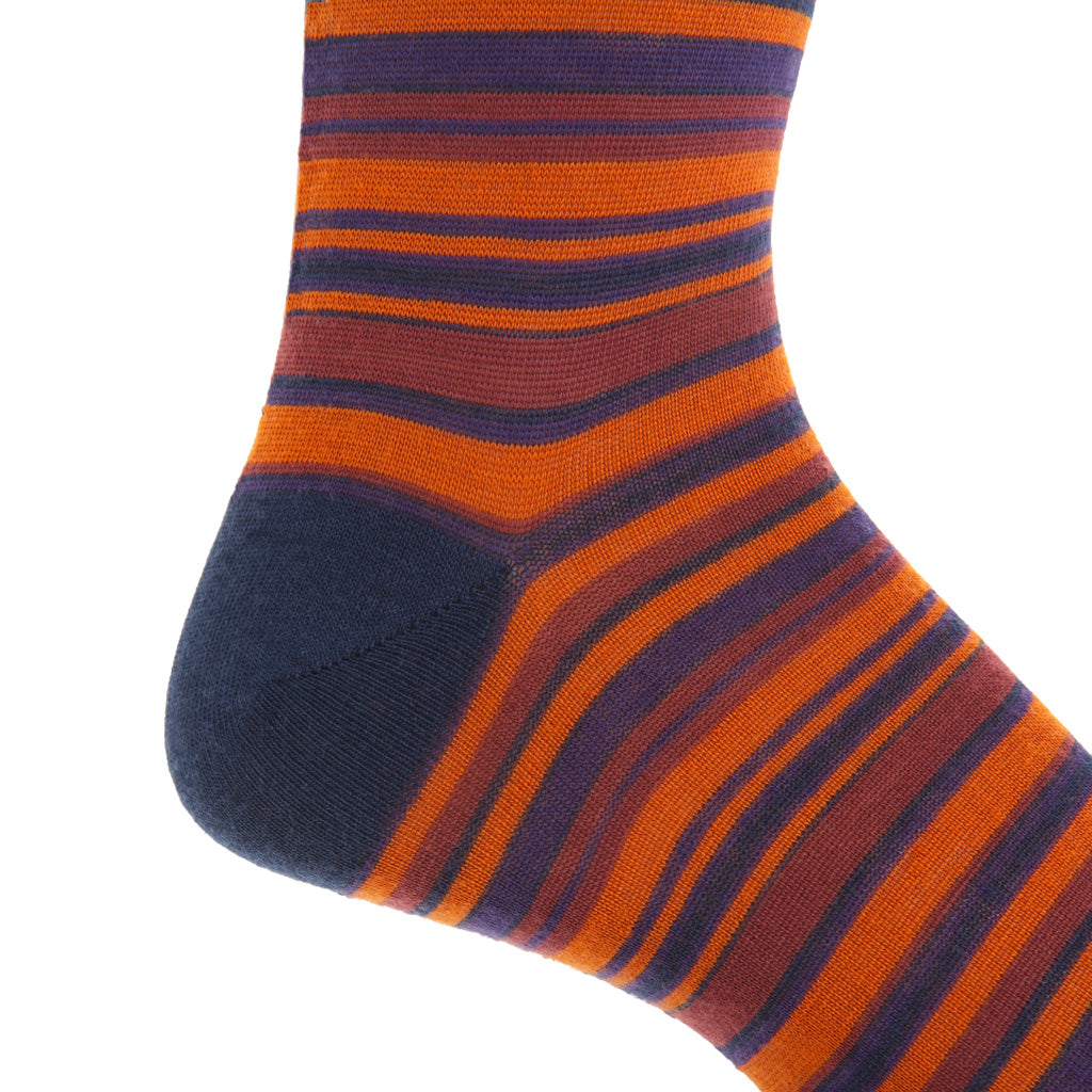Dress Navy with Burnt Orange, Purple, &amp; Burgundy Variegated Stripe Fine Merino Wool Mid-Calf Sock