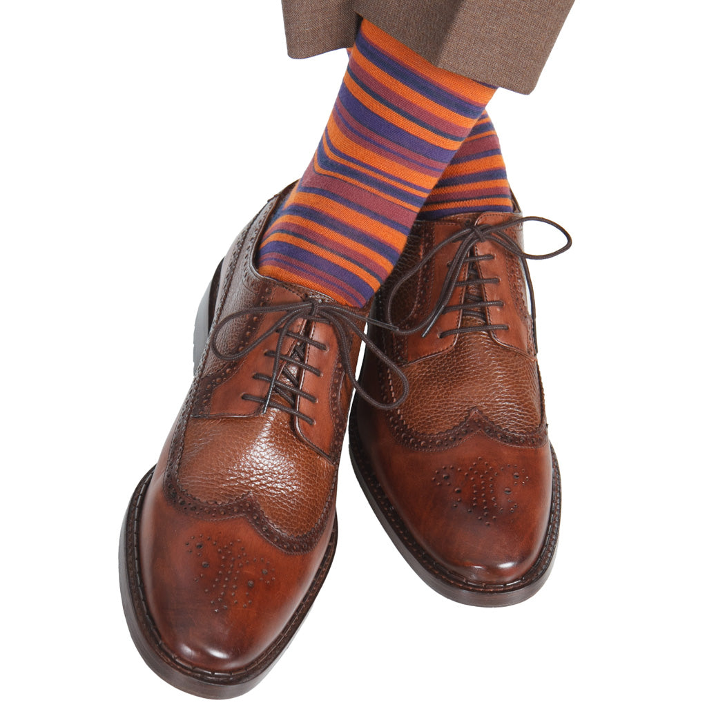Orange mens socks with red and navy stripes fine merino wool USA Dapper Classics Orange mens socks with red and navy stripes fine merino wool USA Dapper Classics