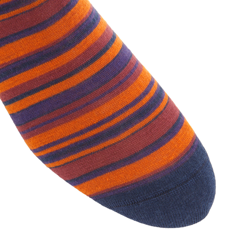 Dress Navy with Burnt Orange, Purple, & Burgundy Variegated Stripe Fine Merino Wool Mid-Calf Sock
