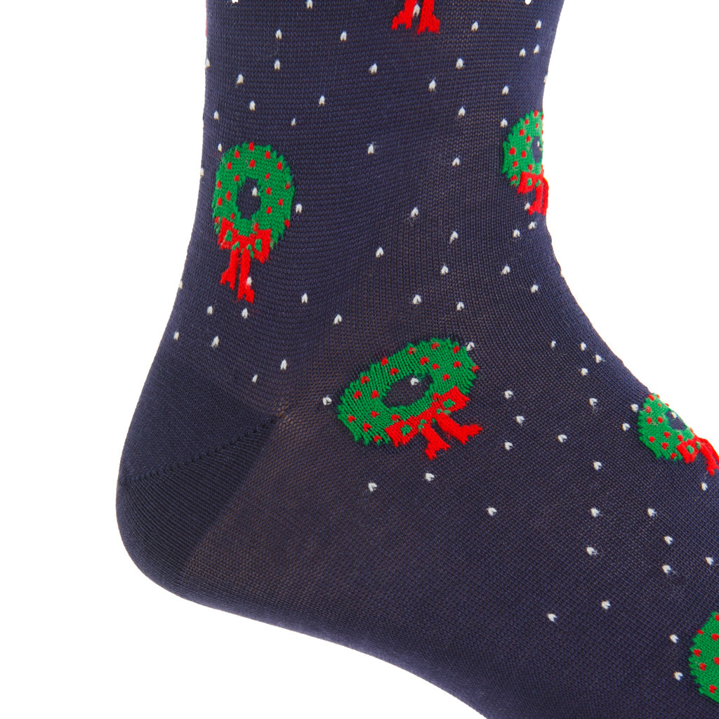 Classic Navy with Holiday Wreaths &amp; White Pin Dots Cotton Over-the-Calf Sock