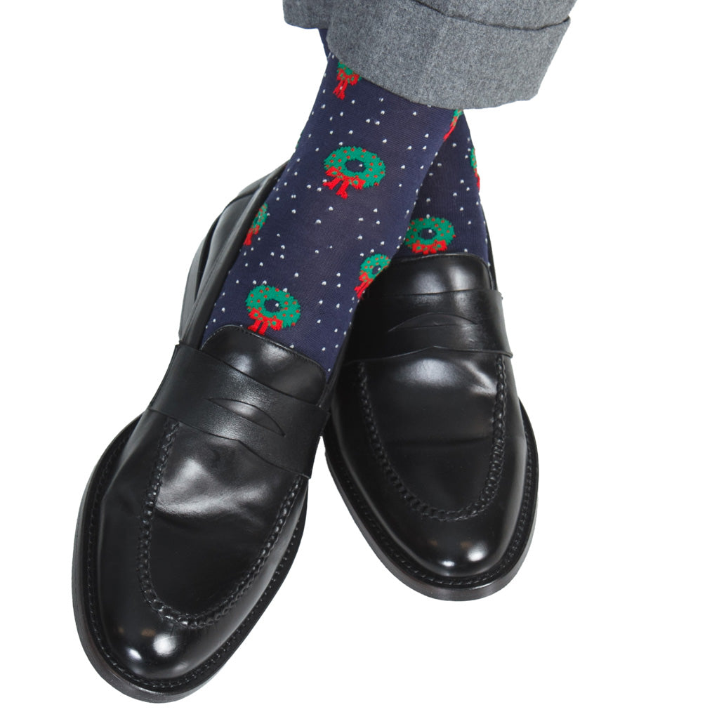 Classic Navy with Holiday Wreaths &amp; White Pin Dots Cotton Over-the-Calf Sock