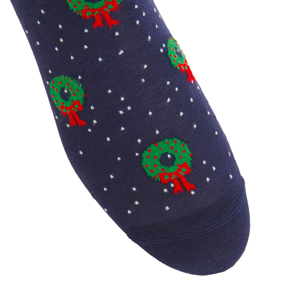 Classic Navy with Holiday Wreaths &amp; White Pin Dots Cotton Over-the-Calf Sock