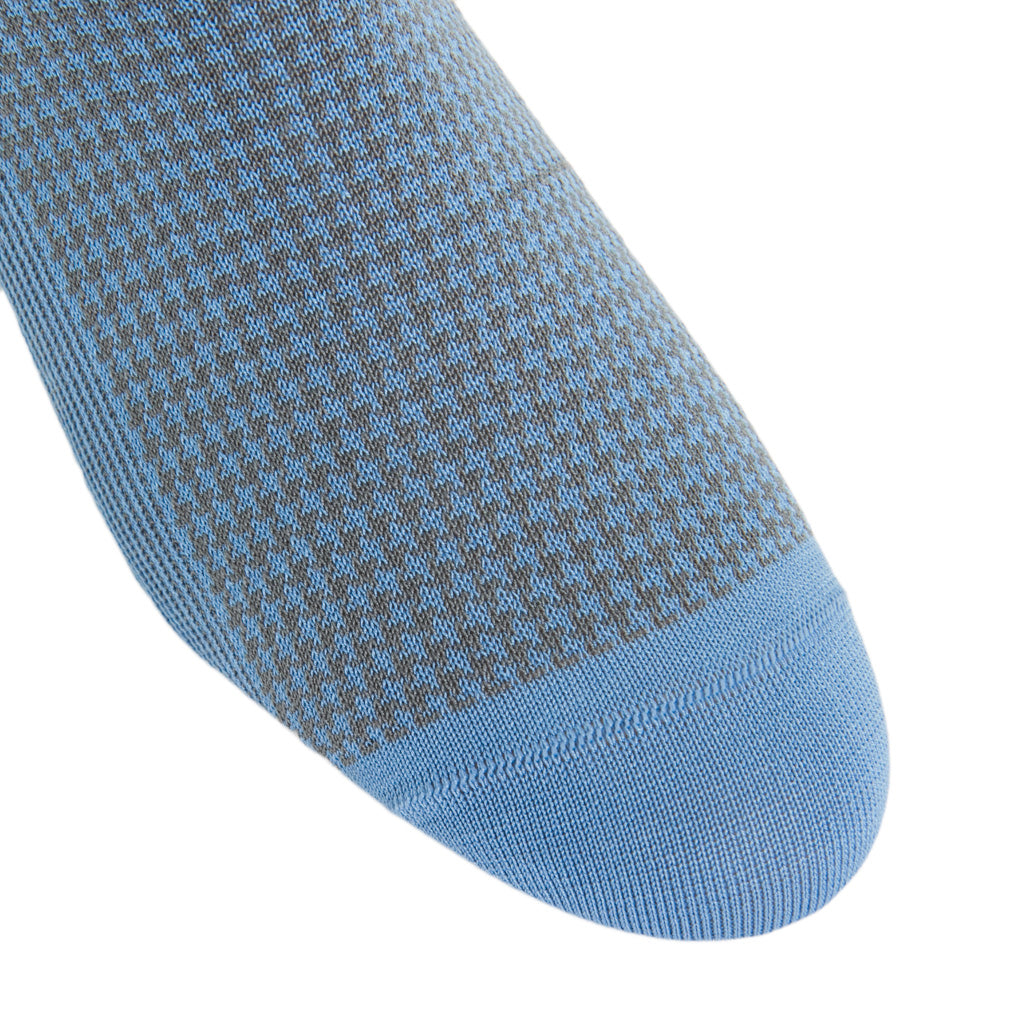 Azure Blue with Steel Gray Houndstooth Cotton Over-the-Calf Sock