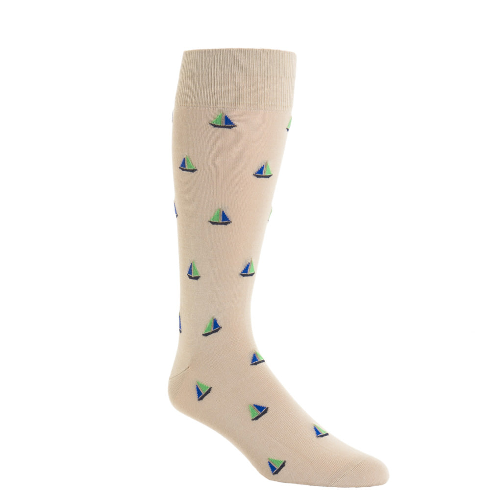 Over-the-Calf-Tan-Blue-Green-Sailboat-Cotton-Sock