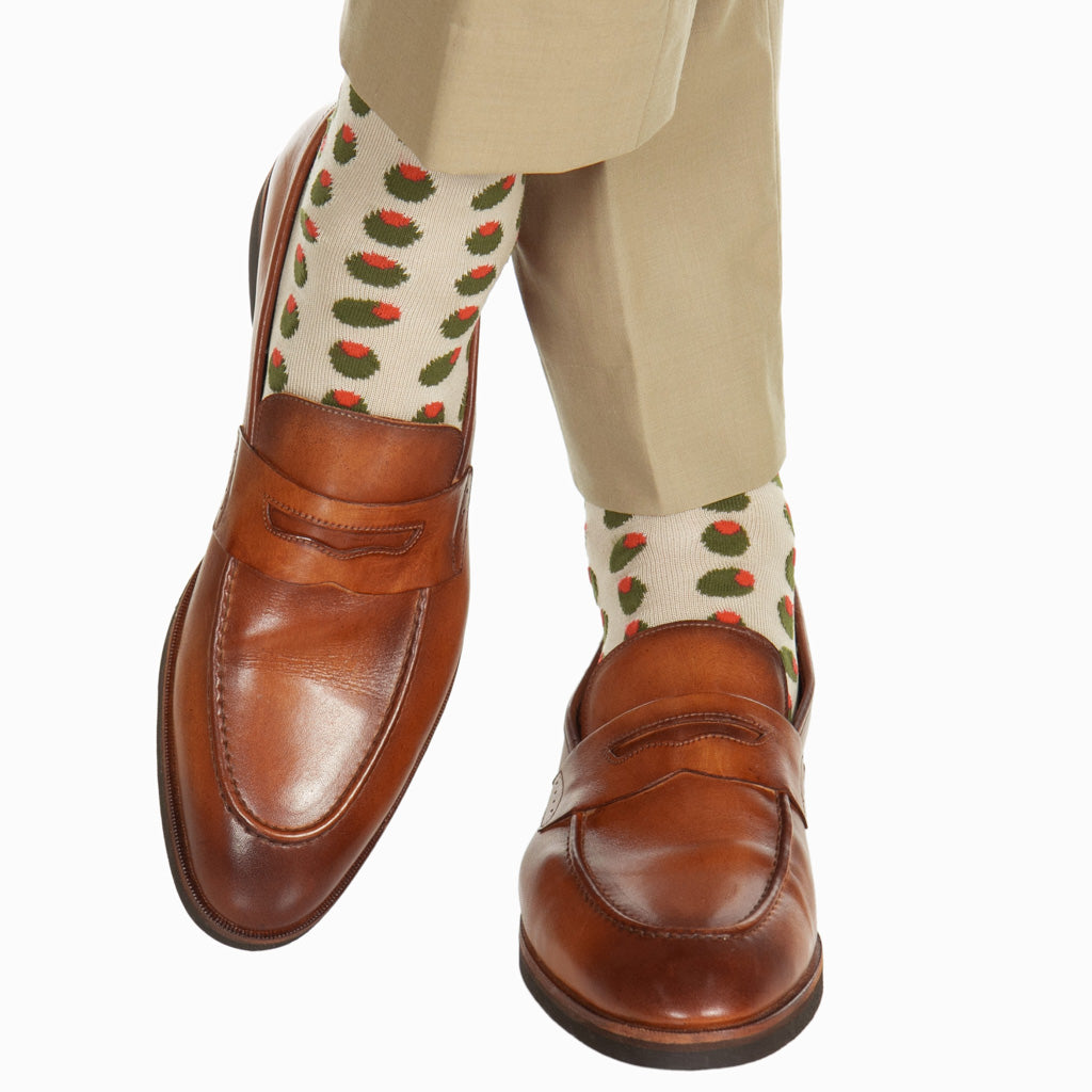 Tan with Forest Green and Red Olive Cotton Sock Linked Toe OTC Tan with Forest Green and Red Olive Cotton Sock Linked Toe OTC