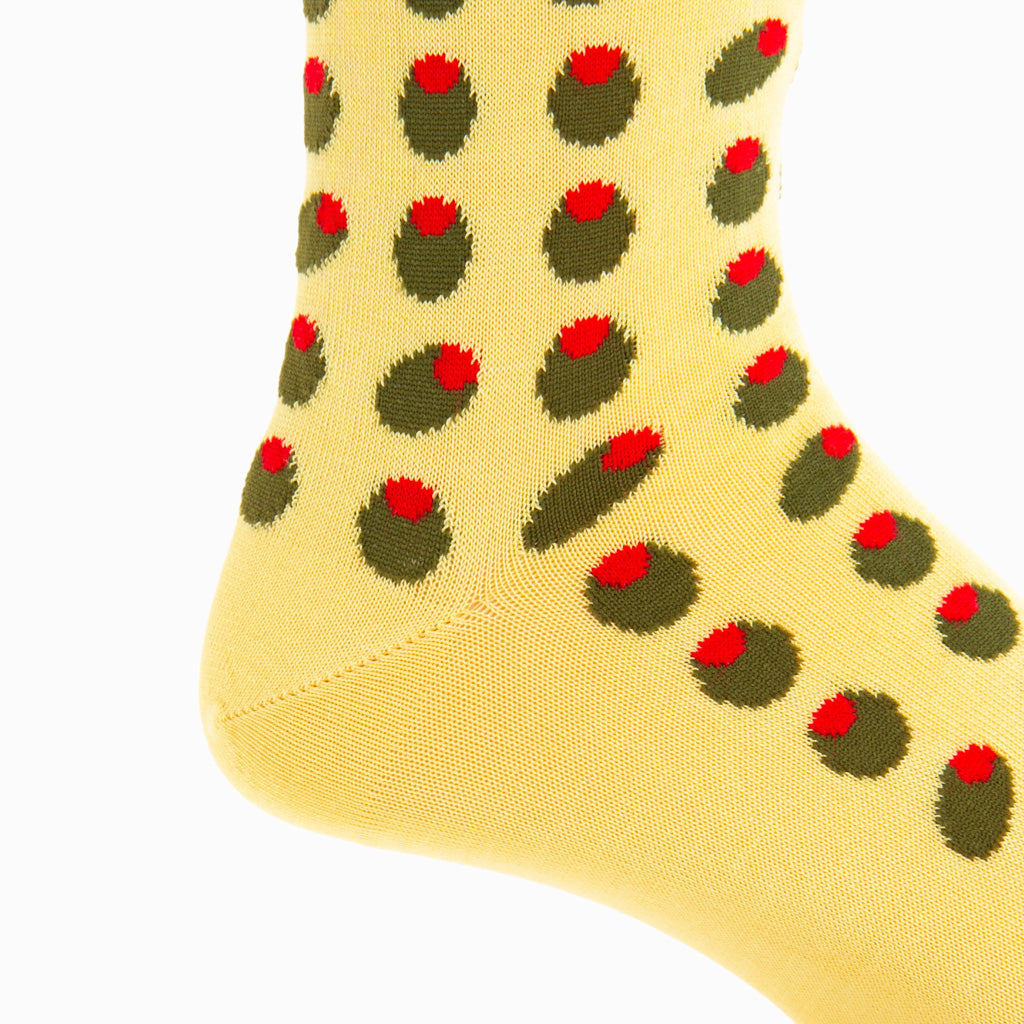 Lemon with Forest Green and Red Olive Cotton Mid-Calf Sock