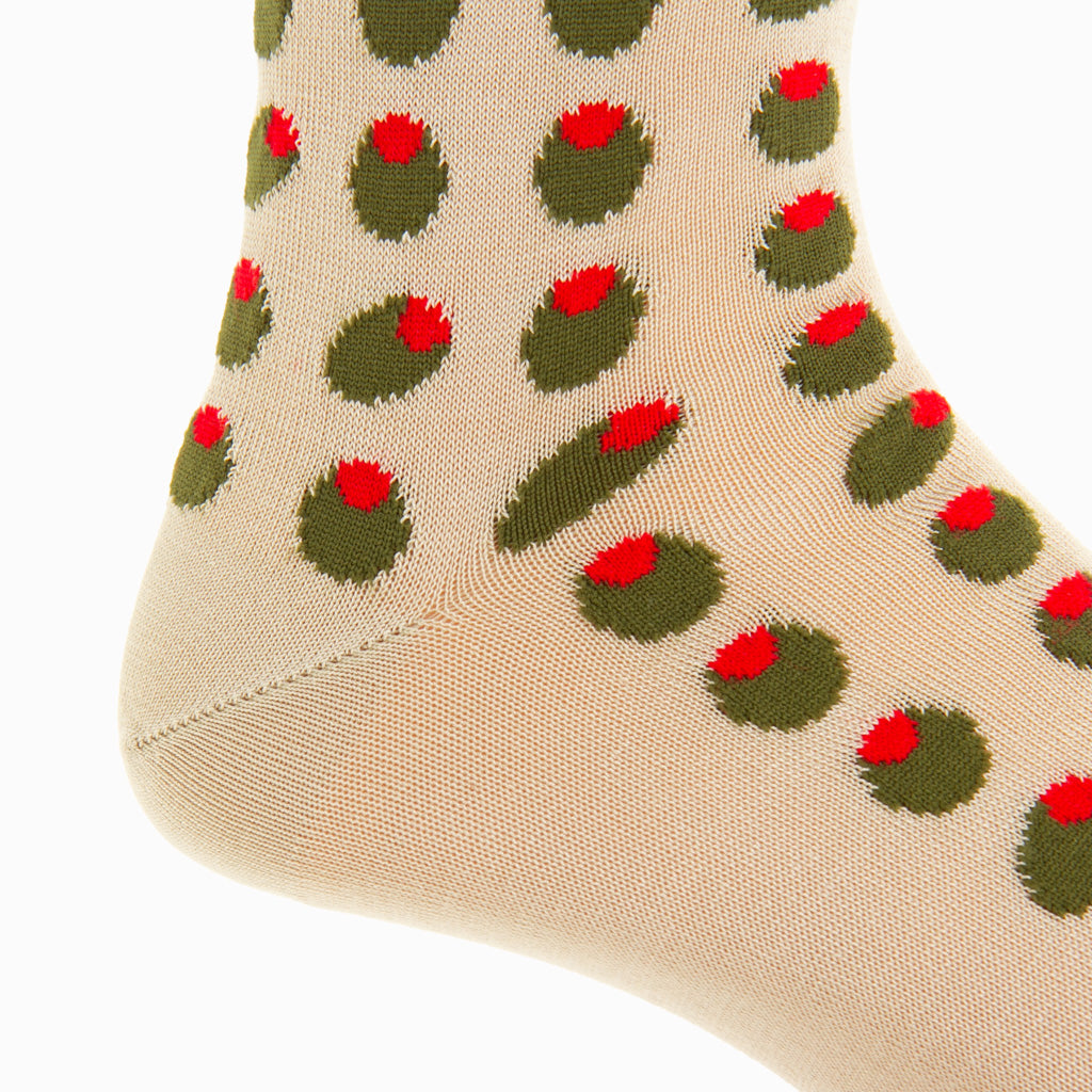 Tan with Forest Green and Red Olive Cotton Mid-Calf Sock