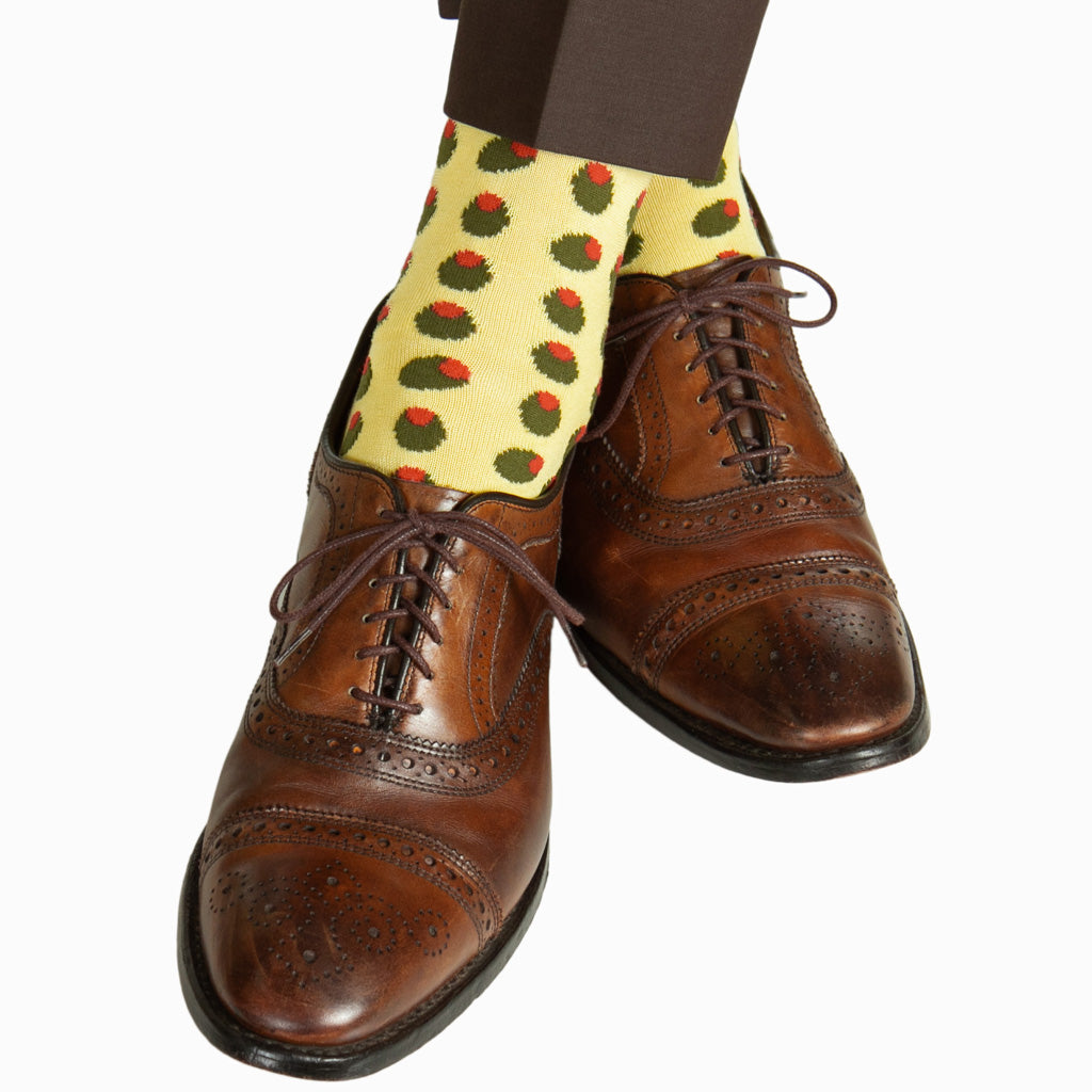 Lemon with Forest Green and Red Olive Cotton Sock Linked Toe Mid-Calf Lemon with Forest Green and Red Olive Cotton Sock Linked Toe Mid-Calf
