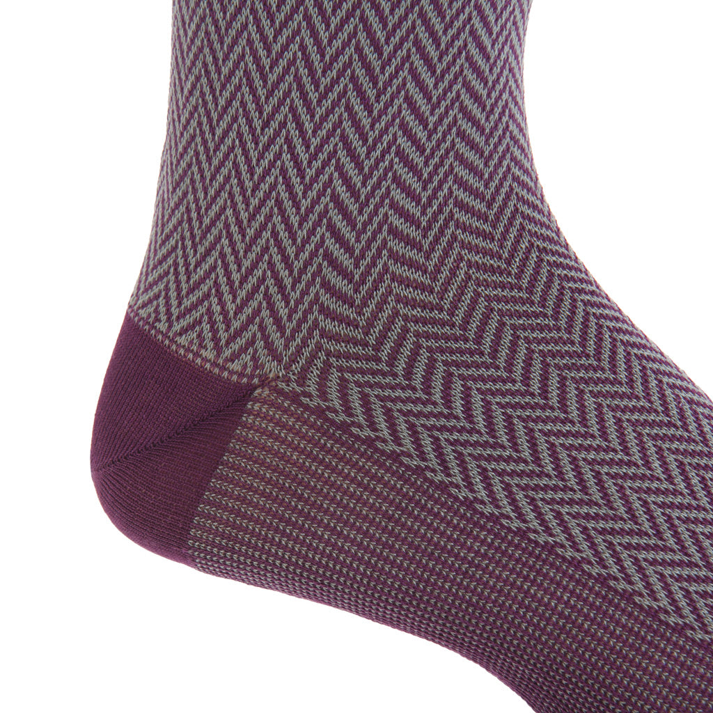 Steel Gray and Royal Purple Herringbone Cotton Mid-Calf Sock