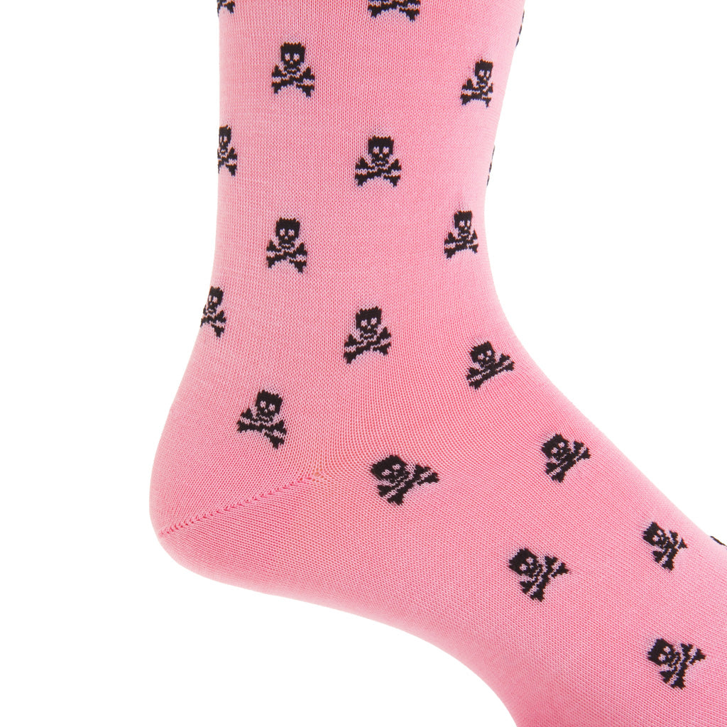 Pink with Black Skull and Crossbones Cotton Mid-Calf Sock
