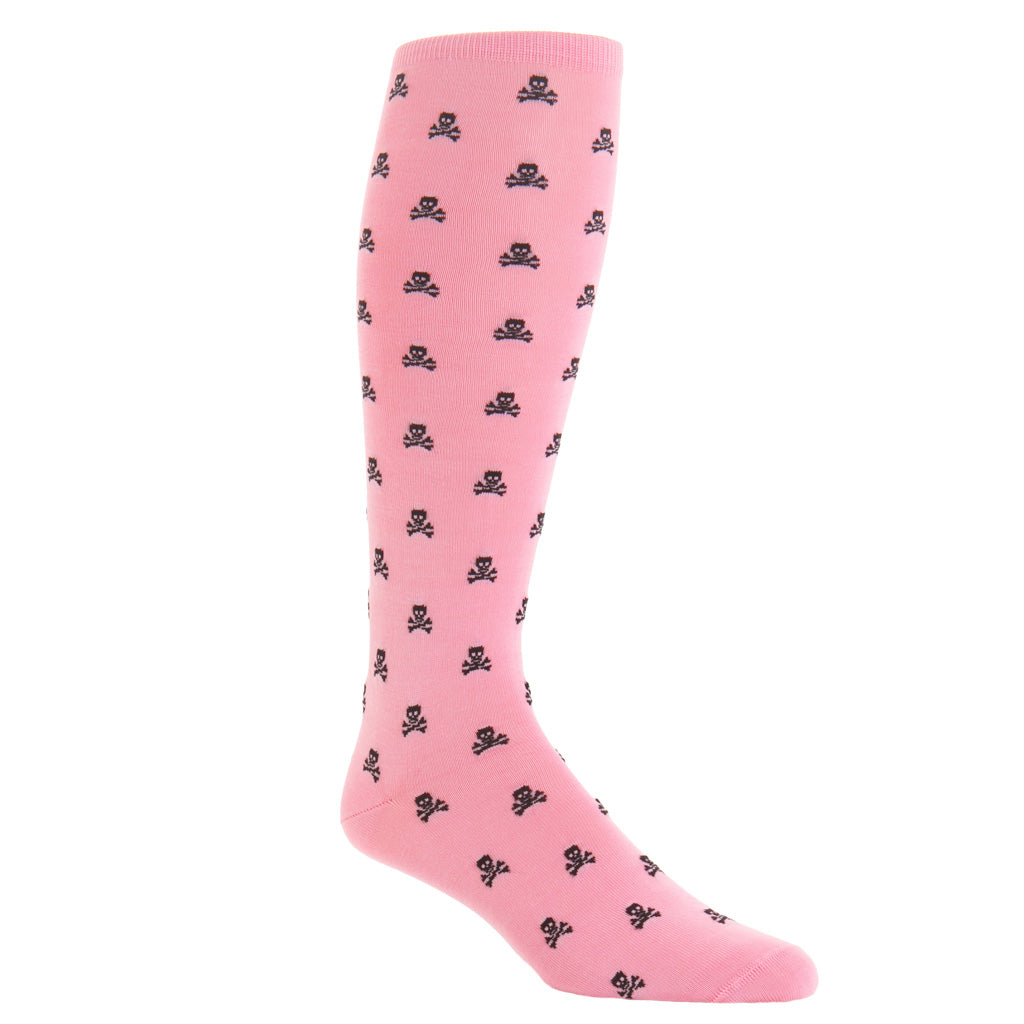 Pink with Black Skull and Crossbones Cotton Mid-Calf Sock