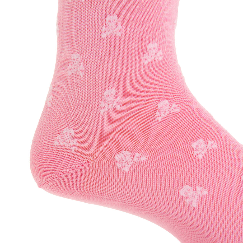 Pink with Light Pink Skull and Crossbones Cotton Mid-Calf Sock